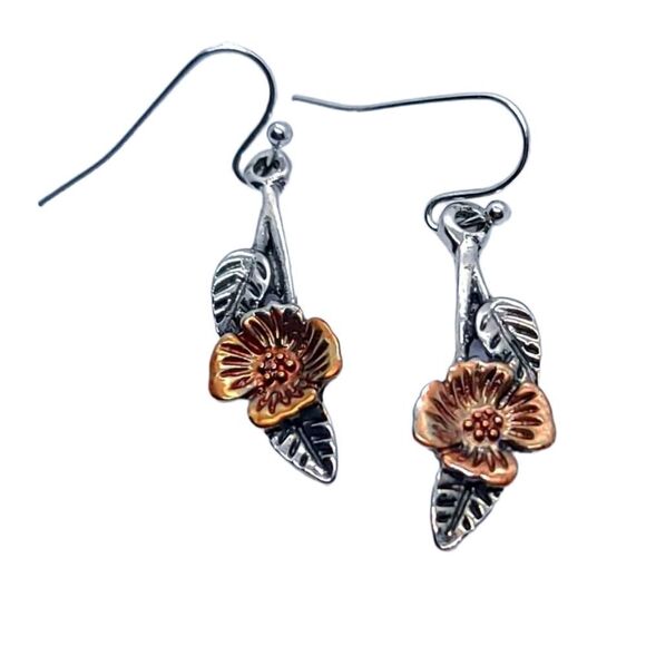3D Two-Tone Tropical Floral Leaf Earrings Dangle Drop Silver Rose Gold Jewelry - Picture 5 of 6